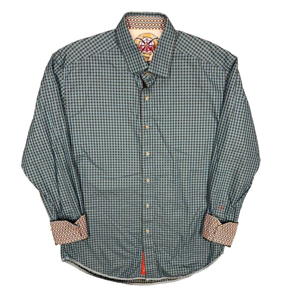 Robert Graham Dress Shirt Cotton Long Sleeve Check Lined Cuffs Blue Large